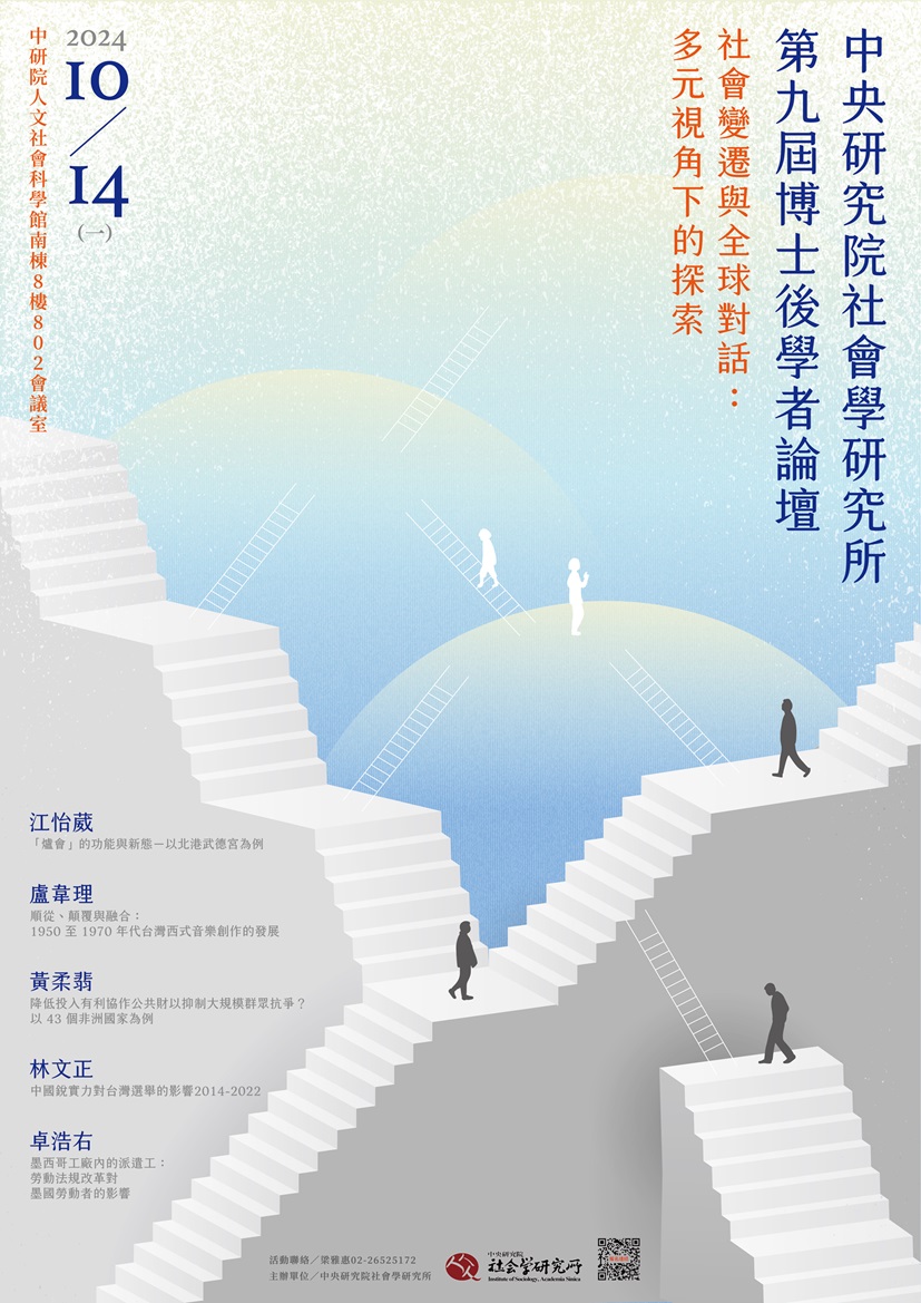中央研院社會學研究所第九屆博士後學者論壇--社會變遷與全球對話:多元視角下的探索 的海報